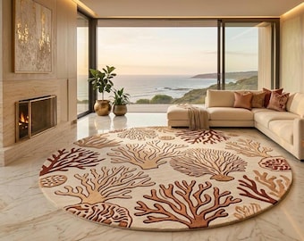 Alfombra redonda Arrecife de Coral, Alfombra Costera Tejida a Mano, Alfombra de Área Inspirada en el Océano, Alfombra de Lana Coral Beige, Decoración para Casa de Playa, Alfombra Náutica