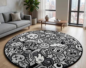Alfombra redonda de graffiti tejida a mano, alfombra de lana con dibujos animados en blanco y negro, alfombra de área de arte callejero moderno, alfombra de garabatos monocromáticos, alfombra hecha a mano a medida