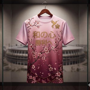 May include: Pink t-shirt with a floral design featuring cherry blossoms and Japanese text. The shirt has a gradient color scheme, transitioning from light pink at the top to a darker shade at the bottom. A gold bird and flower are also featured.