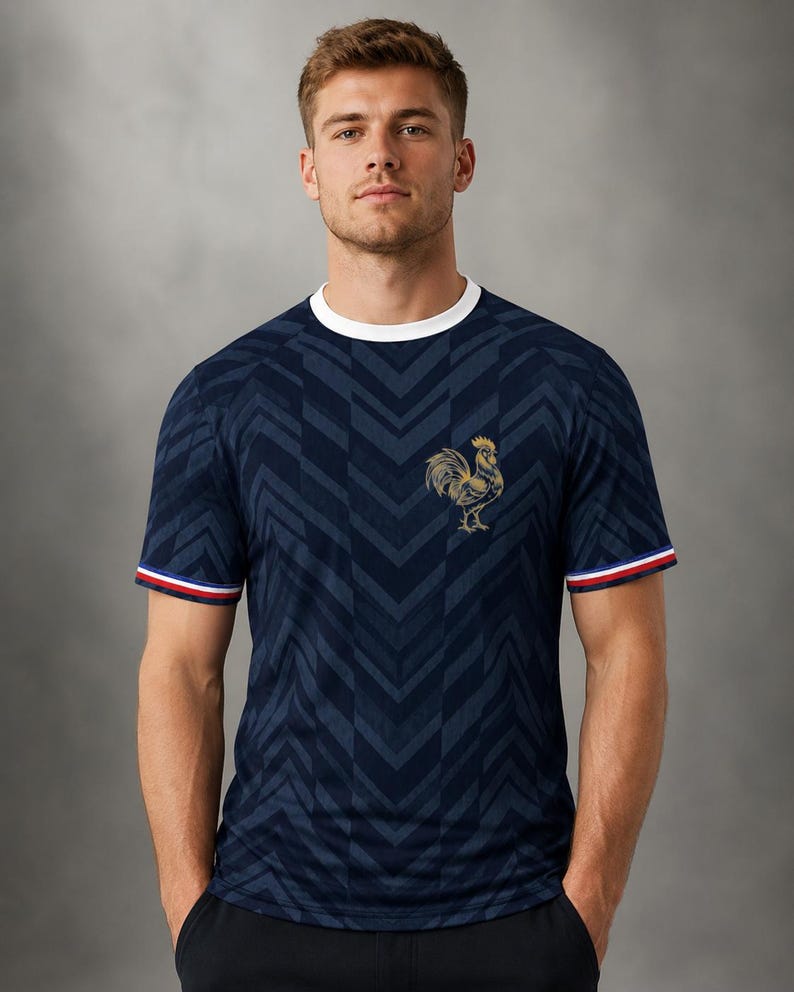 France Soccer Jersey: Golden Rooster All-Over Print Fan Shirt – Les Bleus Dark Navy Tee image 2