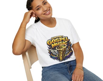 Support Gospel Music T-Shirt | Golden Microphone, Wings & Musical Notes