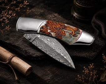 Handmade Luxury Dragon Damascus Folding Knife – Mythical Oriental Gothic Men Pocket Knife, Outdoor Enthusiast Gift