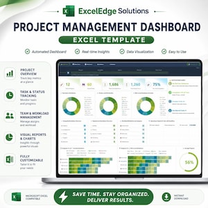 以下が含まれることがあります： ExcelEdge Solutionsによるプロジェクト管理ダッシュボードのExcelテンプレート。インターフェースには、ドーナツグラフ、棒グラフ、進捗メトリクスなどのデータ視覚化が表示され、プロジェクトの概要、タスク追跡、チームのワークロード管理に関するテキストラベルが含まれています。