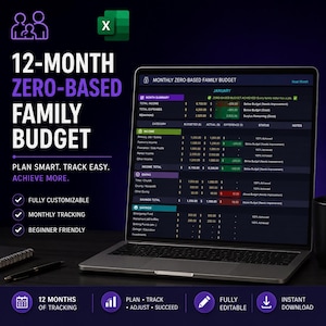 Puede incluir: Una pantalla de computadora portátil muestra una hoja de cálculo de presupuesto familiar de 12 meses. La interfaz presenta columnas para ingresos, gastos y ahorros con encabezados verdes, rojos y morados. El texto incluye 12-MONTH ZERO-BASED FAMILY BUDGET, PLAN SMART. TRACK EASY. ACHIEVE MORE.