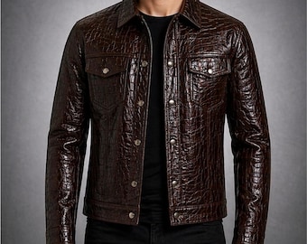 Mens Crocodile Leather Trucker Jacket – Slim Fit Structured Embossed Style
