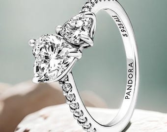 S925 Sterling Silver Pandora Double Heart Sparkling Ring,Elegant Jewelry,Chic Gorgeous Ring,Women Fashion Jewelry,Gift For your Lover