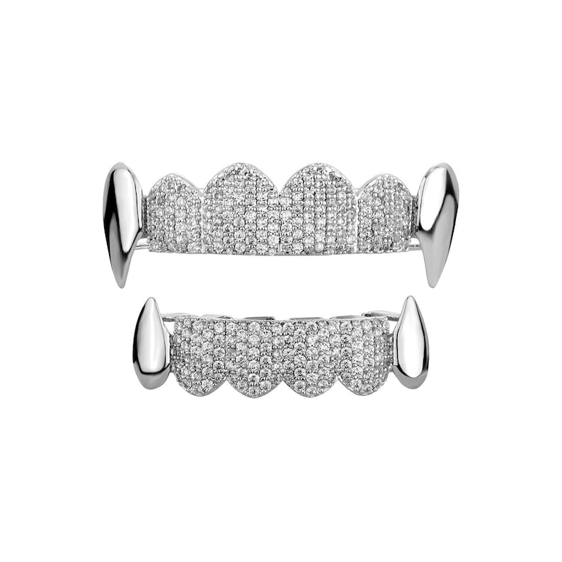 Polished & Pave Two-tone Grillz: Gold Silver Vampire Fangs With ...