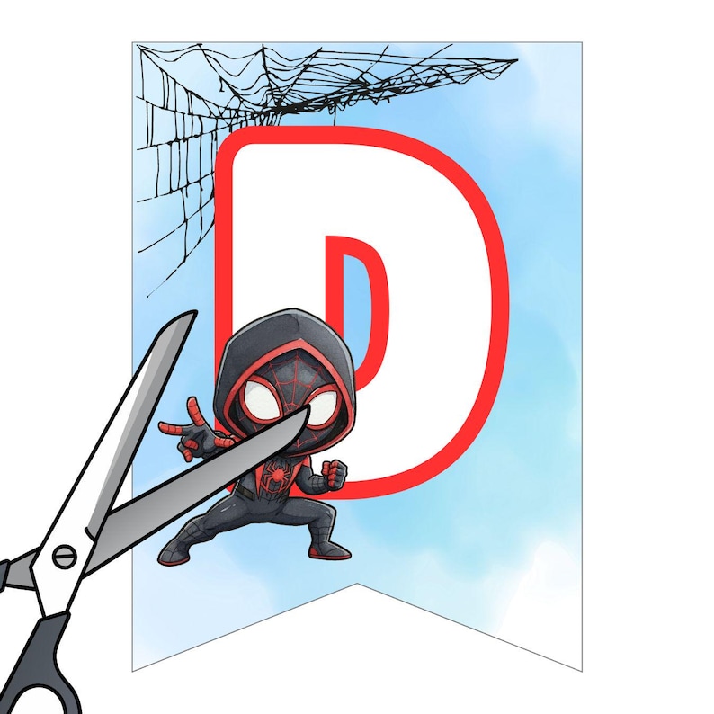 Pu&ograve; includere: Un banner con un'illustrazione a cartoni animati di un supereroe in tuta nera e rossa, con una grande lettera "D" rossa e un disegno a ragnatela. Lo striscione &egrave; ambientato su uno sfondo acquerellato azzurro chiaro.