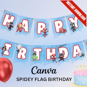 Pu&ograve; includere: Uno striscione blu con le parole "HAPPY BIRTHDAY" in lettere bianche, decorato con ragnatele e personaggi di supereroi. Sono visibili anche un palloncino rosso e una torta di compleanno. Lo striscione dice "Spidey Flag Birthday" e "Canva".