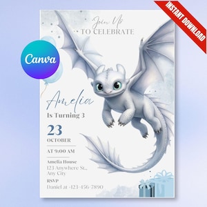 May include: A light blue invitation card featuring a white dragon with large wings. The card reads "Join Us To Celebrate" and "Amelia Is Turning 3". Additional text includes the date, time, and RSVP information. The Canva logo is visible in the upper left corner.