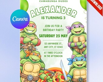 Invito di compleanno delle Tartarughe Ninja, invito per festa TMNT, modello Canva per bambini (invito digitale)