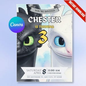 Editable Toothless Light Fury Birthday Invitation (Canva Template) – Dragon Party Invite