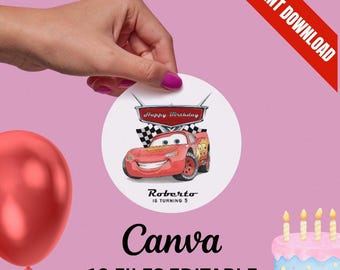 Red Racing Car Birthday Stickers, Fast Car Favor Tags, Party Labels (Canva Template)