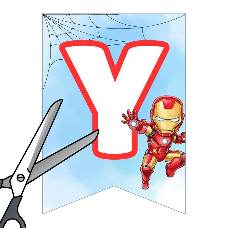 Pu&ograve; includere: Un banner con la lettera "Y" bianca bordata di rosso e un personaggio dei cartoni animati di Iron Man. Lo sfondo &egrave; azzurro acquerello con un disegno a ragnatela. Le forbici sono nell'angolo in basso a sinistra.