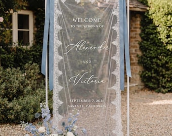 Personalized Sheer Lace Wedding Welcome Sign, Romantic Boho Ceremony Decor, Custom Banner