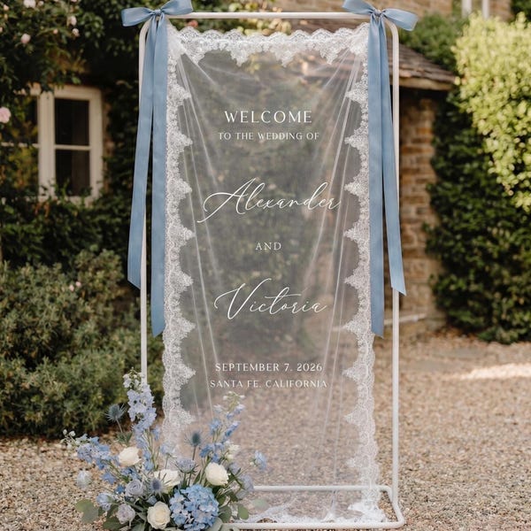 Personalized Sheer Lace Wedding Welcome Sign, Romantic Boho Ceremony Decor, Custom Banner