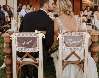 Minimalist Lace Wedding Chair Signs, Just Married Fabric Banner, Sheer Lace Chair Covers, Boho Wedding Chair Decor, Bride Chair Decorations