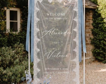 Personalized Sheer Lace Wedding Welcome Sign, Romantic Boho Ceremony Decor, Custom Banner