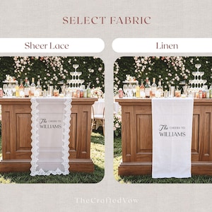 May include: Two bar table runners, one sheer lace and one linen, displayed on wooden bars. The sheer lace runner has a delicate lace trim and the text "The Cheers to Williams". The linen runner has the same text. The image says "Select Fabric".