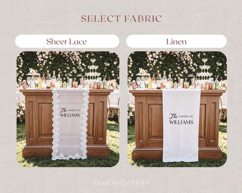 May include: Two bar table runners, one sheer lace and one linen, displayed on wooden bars. The sheer lace runner has a delicate lace trim and the text "The Cheers to Williams". The linen runner has the same text. The image says "Select Fabric".