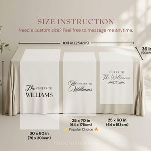 May include: A beige table runner with the text "The Cheers to Williams" in black. The runner is 254cm long and 90cm wide. The image also shows size instructions.
