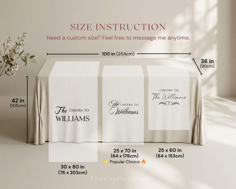 May include: A beige table runner with the text "The Cheers to Williams" in black. The runner is 254cm long and 90cm wide. The image also shows size instructions.