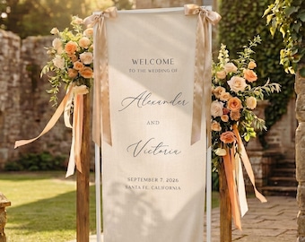Plaque de bienvenue personnalisée pour mariage en lin, bannière en tissu personnalisée, décoration moderne pour fête de fiançailles