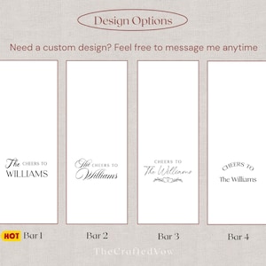 May include: Four white rectangular designs with text options for a custom design. The designs include the text "The Williams Cheers To", with different font styles. The text "Design Options" is at the top.
