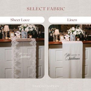 May include: Two bar runners are shown, one sheer lace and one linen. The lace runner has floral edges and the text "The Cheers to Williams." The linen runner is plain with the same text. Both are displayed on a bar.