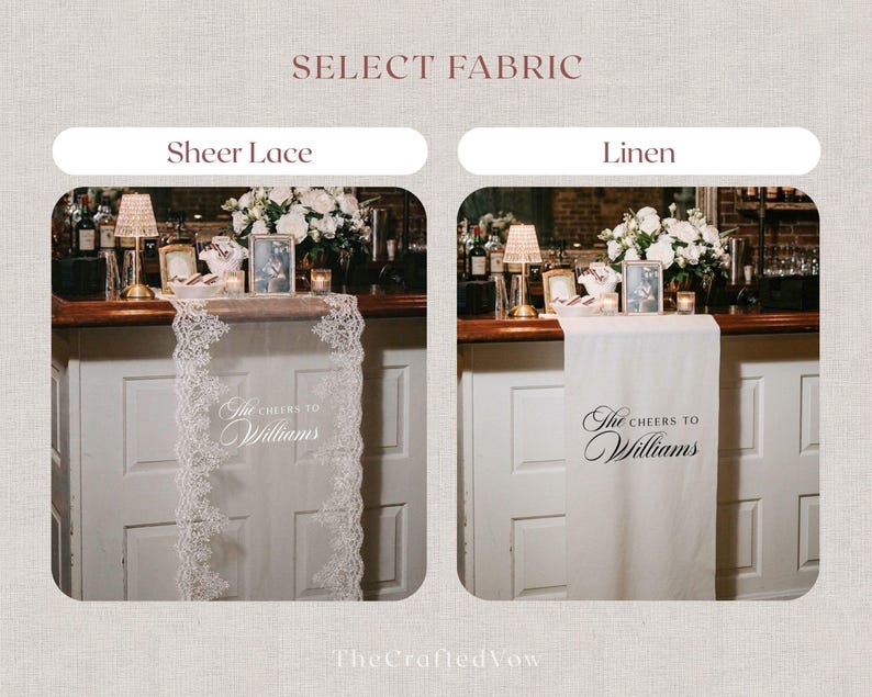 May include: Two bar runners are shown, one sheer lace and one linen. The lace runner has floral edges and the text "The Cheers to Williams." The linen runner is plain with the same text. Both are displayed on a bar.