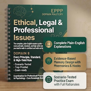 May include: A spiral-bound study guide titled EPPP Domain Mastery: Ethical, Legal & Professional Issues. The dark green cover features a brain icon, text detailing domain 8, and three rectangular callouts highlighting plain-English explanations, evidence-based memory design with mnemonics, and scenario-tested practice exams.