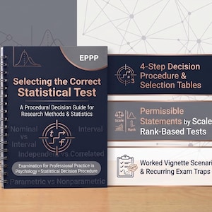 Puede incluir: Una guía de estudio encuadernada en espiral titulada Selecting the Correct Statistical Test, A Procedural Decision Guide for Research Methods & Statistics. La portada presenta el texto EPPP, una curva de campana y tres paneles rectangulares que detallan 4-Step Decision Procedure, Permissible Statements by Scale & Rank-Based Tests y Worked Vignette Scenarios & Recurring Exam Traps.
