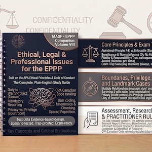 May include: A spiral-bound study guide titled Ethical, Legal & Professional Issues for the EPPP, Volume VIII. The dark cover features copper text and a brain icon. Beside it are three rectangular panels detailing core principles, exam traps, boundaries, privilege, landmark cases, assessment, research, and practitioner rules.