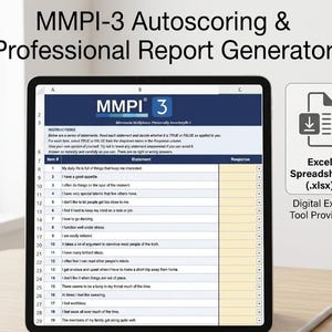 Könnte beinhalten: Ein Tablet-Bildschirm zeigt ein MMPI-3-Persönlichkeitsinventarformular. Der digitale Formular enthält Aussagen und Antwortmöglichkeiten. Das Bild zeigt auch, dass das Tool ein automatisches Scoring und ein professioneller Berichtgenerator ist, mit einem digitalen Excel-Tool.