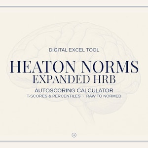 Op de afbeelding: Een digitaal Excel-hulpmiddel genaamd Heaton Norms Expanded HRB, met een automatische scorecalculator voor T-scores, percentielen en de conversie van ruwe naar genormeerde gegevens, weergegeven in donkerblauw op een lichtcrème achtergrond.