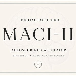 May include: A rectangular digital Excel tool graphic titled MACI-II AUTOSCORING CALCULATOR. The design features a faint outline of a human brain in the background, with text reading DIGITAL EXCEL TOOL, LIVE INPUT, and AUTO-NORMED SCORES.