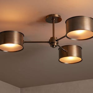 Mid Century Modern 3-Light Brass Chandelier | Semi Flush Mount Ceiling Light | Antique Brass Metal Drum Shade Fixture | Art Deco Lighting