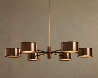 Mid Century Modern Chandelier | 6-Light Copper Cylinder Pendant | Minimalist Drum Shade Fixture | Dining Room Ceiling Light