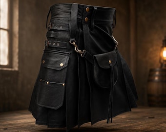 Black Leather Utility Kilt for Men – Original Lambskin Leather Gothic Kilt – Handmade Pleated Scottish Kilt – Punk Biker Festival Kilt