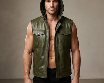 Men’s Vintage Olive Leather Biker Vest Hoodie – Genuine Cowhide Sleeveless Waistcoat for Men
