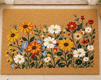 Zerbino con giardino di fiori selvatici, zerbino di benvenuto con margherite, decorazione per ingresso in stile boho cottage, zerbino con margherite e girasoli, regalo di inaugurazione per gli amanti del giardinaggio