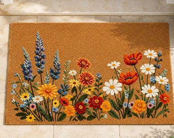 Paillasson à bordure de fleurs sauvages colorées, tapis d'entrée champêtre printanier à motifs floraux, tapis d'entrée bohème pour porche ou véranda, cadeau de bienvenue pour une pendaison de crémaillère