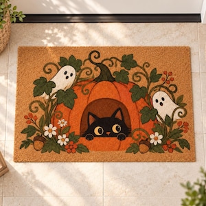 Peut inclure: Un paillasson rectangulaire en fibre de coco beige orné d'une citrouille orange centrale d'où émerge un chat noir. Le motif comprend deux fantômes blancs, des vignes vertes, de petites fleurs blanches, des baies rouges et des glands marron.