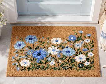 Deurmat blauwe bloemen, welkomstmat wilde bloemen, deurmat lentebloem, botanisch tapijt, veranda decor cottagecore, cadeau tuinliefhebber