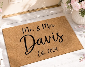 Aangepaste deurmat trouwdatum, welkomstmat Dhr en Mevr, gepersonaliseerd cadeau voor pasgetrouwde veranda, housewarmingcadeau