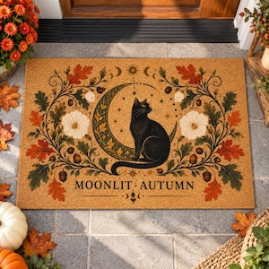 May include: A rectangular tan doormat featuring a black cat sitting inside a crescent moon. The design includes white flowers, orange and green oak leaves, and acorns. The text MOONLIT AUTUMN is printed in black at the bottom center of the mat.