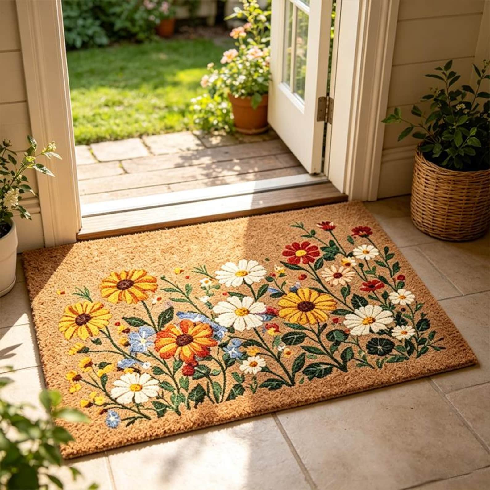 Wildflower Garden Doormat,Daisy Floral Welcome Mat,Boho Cottage Entryway Decor,Daisy & Sunflower Coir Mat,Housewarming Gift for Garden Lover - 19.7x31.5in（Medium）
