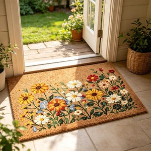 May include: A rectangular doormat with a floral design. The mat is made of a natural fiber material and features a border of colorful flowers in yellow, orange, red, white, and blue. The mat is placed in front of an open doorway.