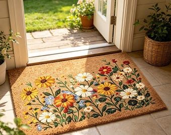 Wildflower Garden Doormat,Daisy Floral Welcome Mat,Boho Cottage Entryway Decor,Daisy & Sunflower Coir Mat,Housewarming Gift for Garden Lover