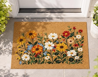 Zerbino con giardino di fiori selvatici, zerbino di benvenuto con margherite, decorazione per ingresso in stile boho cottage, zerbino con margherite e girasoli, regalo di inaugurazione per gli amanti del giardinaggio